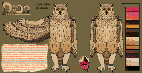 anklet anthro artist avian_feet beak claws cursive engraving feathers jewelry lined_paper male natural_colors open_mouth paper red_text slightly_chubby solo spread_wings tail text tired_eyes tongue twitter_handle wings pookashifts professor_dion avian bird indian_eagle-owl owl absurd_res alternate_version_at_source colored english_text handwritten_text hi_res model_sheet