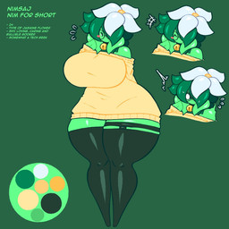 big_breasts black_clothing black_legwear blush breasts clothing color_swatch eyewear female glasses glistening glistening_body glistening_clothing glistening_legwear green_background green_body green_eyes green_hair hair head_flower huge_breasts leaf leaf_arms legwear mouthless plant round_glasses simple_background solo standing sweater text thick_thighs topwear wide_hips forsakenedbread nimsaj_(forsakenedbread) elemental_creature elemental_humanoid flora_fauna humanoid plant_humanoid 1:1 english_text full-length_portrait hi_res model_sheet portrait