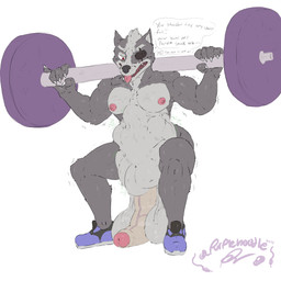 abdominal_bulge anthro balls barbell belly big_balls big_penis black_nose crouching dialogue exercise eye_patch eyewear fur genitals grey_body grey_fur huge_balls huge_penis male male_pred muscular muscular_male nipples oral_vore penis rumbling_stomach saggy_balls same_size_vore sharp_teeth struggling struggling_prey teeth text tongue tongue_out vein veiny_penis vore weightlifting workout purplen00dle nintendo star_fox wolf_o'donnell canid canine canis mammal wolf 1:1 absurd_res english_text hi_res