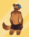 anthro biped black_boxer_briefs black_clothing black_underwear blue_hair boxer_briefs brown_body brown_eyes brown_fur brown_hair clothed clothing eyewear fingers front_view fur glasses hair hand_on_hip highlights_(coloring) humanoid_hands looking_aside male midriff navel neck_tuft pecs pose short_hair simple_background smile solo standing tail text topless topless_anthro topless_male tuft underwear hoshtage savvy_griezmann canid canine canis domestic_dog german_shepherd herding_dog mammal pastoral_dog 2020 artist_name colored hi_res portrait three-quarter_portrait