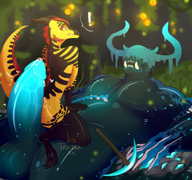 2_horns anthro big_penis bodily_fluids claws duo erection eyeless genital_fluids genitals horn male male/male markings muscular muscular_male penis precum size_difference striped_markings stripes tail tusks yellow_body tartar microsoft minecraft mojang xbox_game_studios hornet_(vendexant) kobold scalie warden_(minecraft) absurd_res digital_media_(artwork) hi_res