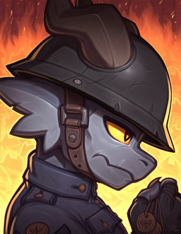 2_horns anthro armor button_(fastener) claws clothing collared_shirt facial_scar fire furgonomic_headwear furgonomics headgear helmet horn leather leather_strap military_uniform mouth_scar notched_ear scar shirt side_view solo straps topwear uniform yellow_sclera goobone kobold scalie hi_res