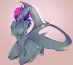 anthro blue_hair blush breasts female green_body green_tongue hair kneeling membrane_(anatomy) nipples non-mammal_breasts non-mammal_nipples nude pink_hair simple_background smile solo tongue tongue_out webbed_hands bunnywhiskerz fish marine shark 2021 digital_media_(artwork) shaded