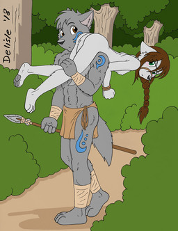 4_toes abs anthro barefoot black_nose black_pawpads blush bottomwear bound breasts brown_eyes brown_hair butt carrying_another clothed clothing duo feet female fur green_eyes grey_body grey_fur grey_hair hair hands_tied hindpaw kidnapping loincloth male markings melee_weapon muscular muscular_male muzzle_(object) muzzled nipples nude outside pawpads paws plantigrade polearm shoulder_carry small_breasts soles spear toes topless tribal tribal_markings weapon white_body white_fur delisle wendy_(delisle) canid canine canis mammal wolf 2018 hi_res