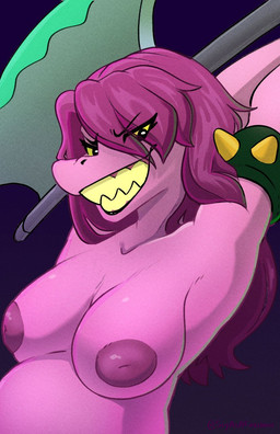 anthro arms_above_head axe big_breasts breasts female hair_in_face inverted_nipples lustful_gaze nipples purple_body sharp_teeth solo teeth toothy_grin weapon slyasafoxibou deltarune undertale_(series) susie_(deltarune) dinosaur prehistoric_species reptile scalie hi_res