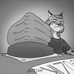 anthro black_clothing black_shirt black_topwear clothing countershade_face countershading ear_tuft fist fur hair long_hair male markings pressing_button shirt simple_background solo spots spotted_body spotted_fur text topwear tuft ricky_arts felid feline humanoid lynx mammal 1:1 2025 monochrome