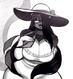 :d anthro big_breasts black_hair blush breasts cleavage clothed clothing cute_fangs dress eyeshadow eyewear fangs female glasses hair hair_over_eye hat headgear headwear long_hair makeup open_mouth smile solo sun_hat teeth voluptuous_anthro voluptuous_female wide_hips itzjaylock mammal mephitid skunk hi_res