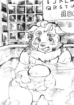 anthro bathing bathtub belly blush looking_at_viewer male overweight partially_submerged solo water young young_anthro young_male zimsanada2 asian_mythology east_asian_mythology japanese_mythology lifewonders mythology tokyo_afterschool_summoners agyo_(tas) foo_dog komainu mammal yokai hi_res monochrome sketch