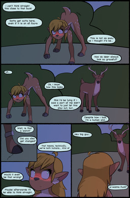 all_fours antlers black_border black_nose blonde_hair blue_eyes blush border brown_body brown_eyes brown_fur butt clock countershade_fur countershade_neck countershade_torso countershading dialogue difficulty_standing duo female female_feral feral front_view fur hair hooves horn imminent_sex in_heat inner_ear_fluff looking_at_another looking_back looking_back_at_another looking_up male male_feral markings nude nude_female outside plant quadruped rear_view shaking shrub side_view speech_bubble standing tan_body tan_fur text three-quarter_view transformation tuft watch white_body white_countershading white_markings worried_look frankenjade deer mammal 2019 absurd_res colored comic english_text hi_res shaded