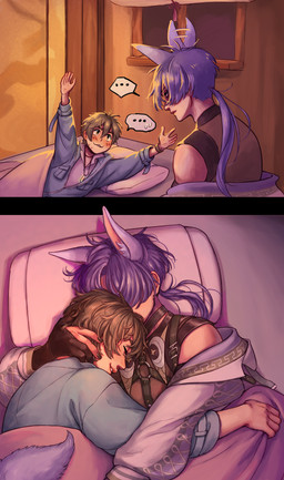 alternative_fashion ambiguous_gender bangs bed bedding blanket blush brown_hair canon_couple clothed clothing cuddling detailed_background duo ear_flick ellipsis furniture gloves goth hair handwear hug inner_ear_fluff inside jacket jewelry long_hair necklace on_bed pillow pointy_ears ponytail prick_ears purple_hair shirt short_hair smile speech_bubble topwear tuft under_covers lunar-lime nu:_carnival eiden_(nu:_carnival) kuya_(nu:_carnival) animal_humanoid canid canid_humanoid canine canine_humanoid fox_humanoid human humanoid mammal mammal_humanoid hi_res