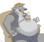 alcohol anthro beer belly beverage beverage_can big_belly bulge burping claws clothing fangs fur grey_body grey_fur hat headgear headwear male navel object_on_belly overweight overweight_anthro overweight_male shirt sitting solo teeth tongue topwear unbuttoned_shirt unzipped unzipped_pants zipper canson canid canine canis mammal wolf 2019 absurd_res hi_res