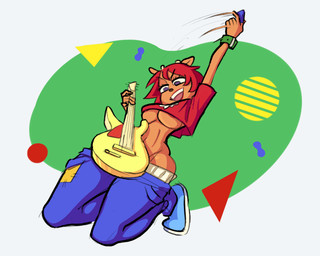 anthro areola big_breasts breasts clothed clothing curvy_figure electric_guitar eyelashes female fingers fur guitar guitar_pick hair half-closed_eyes holding_object horn hourglass_figure kneeling lips lipstick makeup musical_instrument narrowed_eyes open_mouth open_smile orange_body orange_fur plucked_string_instrument purple_eyes raised_clothing raised_shirt raised_topwear red_hair shirt simple_background smile solo string_instrument teeth thick_thighs tongue topwear under_boob white_background wide_hips wristband agal1502 parappa_the_rapper sony_corporation sony_interactive_entertainment um_jammer_lammy lammy_lamb bovid caprine mammal sheep 5:4