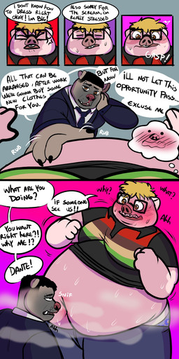 anthro belly belly_overhang bodily_fluids comic_panel dialogue duo lying male male/male mall musk navel nerd obese obese_anthro obese_male on_front overweight overweight_anthro overweight_male security security_guard smile speech_bubble sweat sweatdrop sweaty_pig_comic text lobi_top canid canine canis domestic_dog domestic_pig mammal pit_bull suid suine sus_(pig) 1:2 comic cover cover_art cover_page english_text hi_res