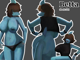 anthro areola big_breasts biped black_clothing black_crop_top black_panties black_shirt black_topwear black_underwear blep blue_areola blue_body blue_nipples blue_scales bottomless bottomless_anthro bottomless_female bracelet breasts brown_hair butt clothed clothing crop_top female fin fingers front_view hair hair_over_eyes head_turned huge_breasts humanoid_hands jewelry looking_at_viewer looking_back medium_hair multiple_poses navel nipples non-mammal_breasts non-mammal_nipples outline panties pose rear_view scales shirt sitting solo spiked_bracelet spikes standing tail text thick_thighs tongue tongue_out topless topless_anthro topless_female topwear underwear white_outline wide_hips wristband sharkidly betta_(sharkidly) aquatic fish shark 2025 absurd_res artist_name character_name colored hi_res model_sheet pinup shaded