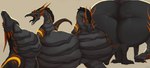 ambiguous_gender belly big_belly big_butt black_body black_tongue butt feral grey_body huge_belly huge_butt long_neck markings neck_bulge open_mouth orange_eyes orange_markings sharp_teeth simple_background solo spread_plates swallowing tan_background teeth tongue tongue_out vore yellow_markings roobin mythology dragon mythological_creature mythological_scalie scalie hi_res