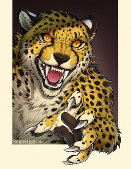 5_fingers anthro black_spots border claws finger_claws fingers fur green_pupils inner_ear_fluff looking_at_viewer male open_mouth pawpads pupils reaching_towards_viewer snarling solo spots tan_body tan_fur teeth text tuft whiskers white_body white_border white_fur rogueliger jasiri cheetah felid feline mammal werecheetah werecreature 2025 artist_name digital_media_(artwork)