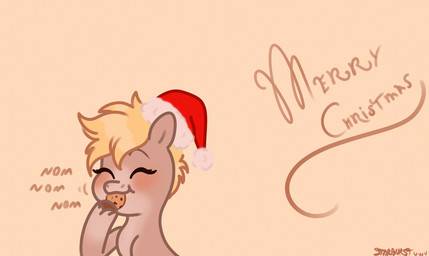 bent_leg blonde_mane blush brown_hooves brown_line_art christmas_clothing christmas_headwear clothing cookie eating eating_cookie eating_food eyebrows eyelashes feathering female female_feral feral food fur grey_body grey_eyebrows grey_fur happy hat headgear headwear holding_cookie holding_food holding_object holiday_message holidays hooves light mane motion_lines multicolored_body multicolored_fur nom onomatopoeia red_clothing red_hat red_headwear santa_hat short_mane simple_background smile solo sound_effects tan_background text two_tone_body two_tone_fur unguligrade starburst_uwu christmas hasbro my_little_pony cookie_malou fan_character earth_pony equid equine horse mammal pony 2023 artist_name colored colored_line_art digital_drawing_(artwork) digital_media_(artwork) english_description english_text hi_res lighting