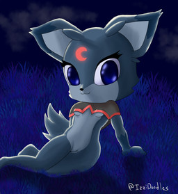 anthro blue_eyes breasts cloak cloak_only clothing countershading crossed_legs daww facial_markings female forehead_markings glowing grass grass_field head_markings leaning leaning_backward light looking_at_viewer markings moonlight night plant sitting solo stargazing under_boob izzipurrito blushcrunch_studio dandy's_world mythology roblox eclipse_(dandy's_world) canid canine mammal mythological_canine mythological_creature werecanid werecanine werecreature werewolf absurd_res hi_res