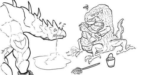 ambiguous_gender annoyed bodily_fluids bucket cleaning_tool container drooling duo mop saliva anonymous_artist metroid nintendo risk_of_rain acrid_(risk_of_rain) crocomire monochrome