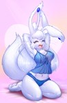 2016 anthro barefoot big_breasts biped blue_camisole blue_clothing blue_panties blue_underwear blush bow_camisole bow_panties bow_underwear breasts camisole chest_tuft clothed clothing ear_piercing elpatrixf eyelashes eyes_closed feet female fluffy fluffy_tail frilly frilly_camisole frilly_clothing frilly_panties frilly_underwear fur grey_body grey_fur grey_hair hair hand_behind_head heart_symbol inner_ear_fluff kneeling kriyu lagomorph leporid lingerie long_ears mammal navel open_mouth panties pawpads piercing pink_background pink_nose pink_pawpads plantigrade rabbit simple_background solo stretching tail teeth tired toes tongue tuft underwear underwear_only whiskers white_body white_fur yawn