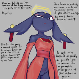 accessory anthro bare_shoulders biped blue_body blue_fur breasts clothed clothed_anthro clothed_female clothing degradation dialogue eyeliner featureless_crotch female female_anthro fur grey_background insult insulting_viewer looking_at_viewer looking_down looking_down_at_viewer low-angle_view makeup navel open_mouth simple_background solo standing talking_to_viewer text three-quarter_view kirbugo nine_sols red_candle_games goumang_(nine_sols) felid feline mammal solarian 1:1 2025 digital_media_(artwork) english_text hi_res portrait three-quarter_portrait