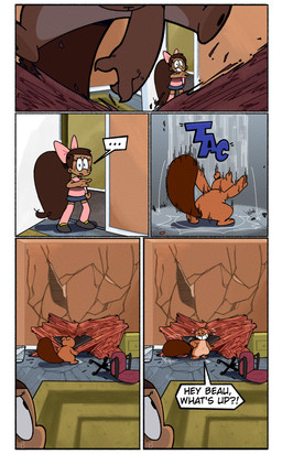 anthro bodily_fluids border bow_ribbon brown_body brown_fur computer computer_desk dark_body dark_skin desk destroyed_wall destruction dialogue duo electronics female freckled_face freckles fur furniture hair male nonchalant ponytail scared smashed smashing speech_bubble sweat sweatdrop table text white_border worried fullhero cashew_and_belle beau_(fullhero) cashew_(fullhero) human mammal comic digital_media_(artwork) english_text hi_res