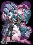 ambiguous_gender blue_eyes blue_hair clothed clothing duo hair looking_at_viewer male pokemon_champion simple_background transparent_background ken_sugimori nintendo pokemon steven_stone human mammal mega_evolution mega_metagross pokemon_(species) absurd_res alpha_channel hi_res official_art