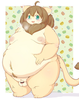 4_fingers ahoge anthro balls belly big_belly biped blush bodily_fluids body_hair breath brown_body brown_fur brown_hair censor_bar fingers flaccid front_view fur genital_fluids genitals green_eyes hair hand_on_belly happy_trail holding_belly humanoid_genitalia humanoid_penis ineffective_censorship kemono looking_at_viewer male mane mane_hair monotone_hair moobs multicolored_body multicolored_fur neck_tuft nude obese obese_anthro obese_male open_mouth open_smile overweight overweight_anthro overweight_male pattern_background penis precum simple_background small_penis smile solo standing tail tail_tuft tan_body tan_fur thick_thighs tuft radiowave felid lion mammal pantherine censored full-length_portrait hi_res portrait