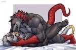 anthro bodily_fluids duo french_kissing fur kissing licking_tongue male male/male muscular muscular_anthro muscular_male saliva scales tongue amon-sydonai agares_(amon-sydonai) marbas canid canine canis felid hybrid lion mammal pantherine scalie wolf hi_res