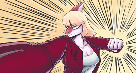 action_pose anthro blonde_hair breasts cleavage clothed clothing female fist glaring glaring_at_viewer green_eyes hair jacket looking_at_viewer motion_lines multicolored_body open_clothing open_jacket open_topwear perspective pink_body pose red_clothing red_jacket red_topwear shirt snarling solo topwear two_tone_body deadassspider cavemanon_studios i_wani_hug_that_gator mia_moretti dinosaur hadrosaurid ornithischian ornithopod parasaurolophus prehistoric_species reptile scalie hi_res