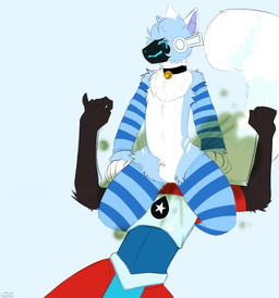 anthro arm_warmers armor armwear bell bell_collar blue_body blue_fur blue_hair blush clothing collar duo facefarting facesitting fart fart_cloud fart_fetish farting_in_mouth farting_on_another farting_on_face femboy forced fur gas gassy hair legwear machine male male/male protogen_armor protogen_visor red_body red_fur relieved sitting_on_another smelly smelly_butt struggling thigh_highs white_body white_fur y32010g canid canine fox mammal protogen hi_res