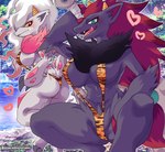 anthro big_breasts blush breasts butt camel_toe claws clothed clothing duo female fur hair heart_symbol horn looking_at_viewer presenting smile spread_legs spreading tongue white_body white_fur aisaredogtoneko nintendo pokemon pokemon_legends_arceus canid canine generation_5_pokemon generation_8_pokemon hisuian_form hisuian_zoroark mammal pokemon_(species) regional_form_(pokemon) zoroark