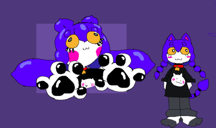 ambiguous_anthro ambiguous_gender anthro bell bell_collar black_clothing black_pawpads black_shirt black_topwear blush bottomwear clothing collar footwear front_view fur grey_bottomwear grey_clothing grey_pants hair head_inflation inflation no_shoes pants paw_inflation pawpads pigtails purple_background purple_hair red_collar shirt simple_background socks solo standing t-shirt tail topwear white_body white_fur yellow_sclera mintafter8 lala_(mintafter8) felid feline mammal aliasing digital_media_(artwork)