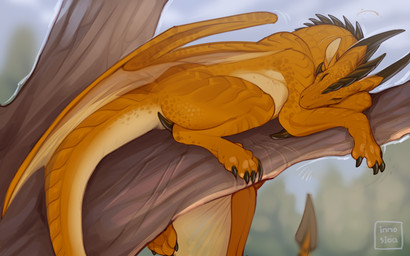 2_horns ambiguous_feral ambiguous_gender blurred_background feral horn orange_body orange_scales outside plant quadruped scales sleeping solo tree tree_trunk wings inno-sjoa european_mythology mythology dragon mythological_creature mythological_scalie scalie western_dragon 2023 hi_res