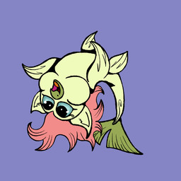 ambiguous_feral ambiguous_gender bent_back blue_sclera feral fin green_body green_fin hair open_mouth pink_hair purple_background simple_background smile solo tongue young young_ambiguous young_feral cabeca_de_caju casca_de_laranja fluffy_pony fluffy_pony_(species) mammal seafluff 1:1 2026 digital_media_(artwork) english_description flat_colors hi_res