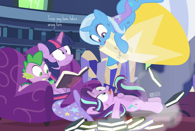 blue_hair book bookshelf bruised bruised_eye cape clothing crash cutie_mark derp_eyes dialogue ellipsis eyelashes fangs female feral frown furniture green_eyes group hair hat headgear headwear holding_object horn inside levitation library lying magic male map multicolored_hair nude on_back open_mouth pupils purple_eyes rocket shadow sitting slit_pupils smoke sofa star table tail teeth text tongue tongue_out two_tone_hair wide_eyed window dm29 friendship_is_magic hasbro my_little_pony mythology spike_(mlp) starlight_glimmer_(mlp) trixie_(mlp) twilight_sparkle_(mlp) dragon equid equine mammal mythological_creature mythological_equine mythological_scalie scalie unicorn 2018 english_text watermark
