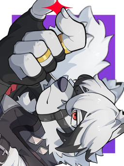 anthro clothing fingerless_gloves fur gloves handwear harness kemono leather leather_harness male red_eyes ring solo white_body white_fur p0ag5jtekl42868 mihoyo zenless_zone_zero von_lycaon canid canine canis mammal wolf hi_res