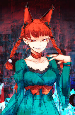 4_ears accessory bow_ribbon braided_hair breasts choker clothing collarbone colored_nails dress female fingernails green_clothing green_dress grin hair hair_accessory hair_bow hair_ribbon humanoid_pointy_ears jewelry long_fingernails multi_ear nails necklace pigtails pointy_and_animal_ears pointy_ears red_choker red_eyes red_fingernails red_hair red_jewelry red_nails red_necklace ribbons sharp_teeth smile solo teeth twin_braids twintails_(hairstyle) chamaruku touhou rin_kaenbyou animal_humanoid cat_humanoid felid felid_humanoid feline feline_humanoid humanoid mammal mammal_humanoid 2012 hi_res