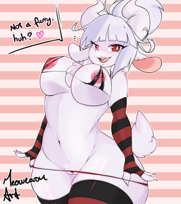 anthro big_breasts breasts clothed clothing dialogue female fur genitals hair heart_symbol nipples panties panties_down partially_clothed red_eyes solo teeth text underwear underwear_down vulva white_body white_fur white_hair wide_hips meowcaron helltaker goat_lucifer_(helltaker) bovid caprine goat mammal english_text hi_res