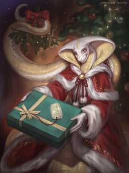anthro biped clothed clothed_anthro clothed_female clothing female fingers front_view holidays inside looking_at_viewer scales smile solo tail text lazyollie christmas reptile scalie snake 2025 digital_drawing_(artwork) digital_media_(artwork) hi_res url