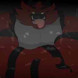 anthro black_body black_fur fur green_eyes grey_body grey_fur male muscular muscular_male pecs red_body red_fur sharp_teeth solo striped_body striped_fur stripes teeth tongue tongue_out yellow_sclera drgizmo nintendo pokemon felid generation_7_pokemon incineroar mammal pantherine pokemon_(species) tiger