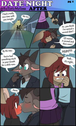 anthro blush bottomwear clothing date dialogue duo erection erection_under_skirt female hand_holding hug intersex intersex/male kiss_on_lips kissing male outside skirt text ballisticmelissa gael_(ballisticmelissa) lilla_(ballisticmelissa) bat bovid caprine goat mammal absurd_res comic english_text hi_res