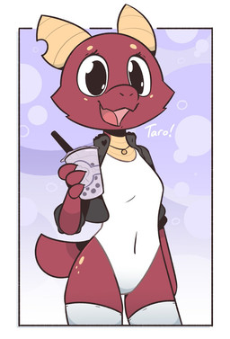 anthro breasts chipped_horn clothing female food horn jewelry legwear leotard navel necklace non-mammal_breasts non-mammal_navel small_breasts solo thigh_highs taro_bubbletea theartmanor kobold scalie hi_res