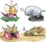 ambiguous_gender blue_eyes brown_body chibi emanata exclamation_point eyeless grass group lips lying on_front plant question_mark red_body red_lips sand shell simple_background standing white_background white_body yellow_body unknown_artist capcom monster_hunter arthropod bird_wyvern carapaceon cephalos crustacean flying_wyvern hermit_crab hermitaur khezu malacostracan marine piscine_wyvern yian_kut-ku low_res