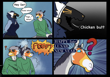 anthro black_body black_feathers black_fur black_hair black_sclera blue_body blue_fur clothed clothed_anthro clothing dialogue duo feathers female fur grey_body grey_feathers grey_fur hair machine male orange_body orange_eyes orange_feathers orange_fur purple_body purple_fur smug smug_expression smug_eyes smug_face text transformation white_body white_fur yellow_body yellow_fur artfox26 generic_fur ser_(generic_fur) xandra_(generic_fur) accipitriform avian bird equid equine horse mammal protogen secretary_bird absurd_res comic english_text hi_res