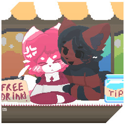 anthro comforting_another duo femboy fur male male/male pink_body pink_fur stripes sylvewon strider_(sylvewon) sylvan_(sylvewon) canid canine canis mammal wolf 1:1