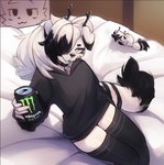 5_fingers anthro antlers bed bedroom black_body blue_eyes blue_tongue clothed clothing collar crossdressing femboy fingers furniture hoodie horn legwear looking_at_viewer male markings monster_energy_can monster_energy_logo plushie smile tail thigh_highs tongue topwear white_body anonymous_artist boy_kisser_(meme) monster_energy axi_(character) canid canine canis domestic_dog mammal nordic_sled_dog samoyed spitz meme