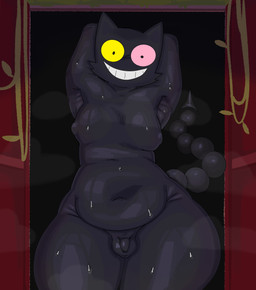 anthro armpit_fetish belly black_body bodily_fluids genitals glistening glistening_body looking_at_viewer male moobs musk overweight penis small_penis solo standing sweat wide_hips awfulxen deltarune undertale_(series) friend_(deltarune) felid feline mammal absurd_res hi_res