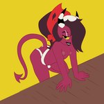 anthro breasts bulge clothed clothing gynomorph headgear headkerchief headwear intersex jockstrap kerchief red_body red_skin solo topless underwear kamikiller helluva_boss sallie_may_(helluva_boss) demon imp 1:1 hi_res trans_(lore) trans_woman_(lore)