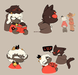 2_horns 3_eyes ambiguous_anthro ambiguous_gender anthro black_body black_fur book dialogue eye_contact flower fur group holding_book holding_object horn looking_at_another multi_eye plant reading red_eyes red_flower speech_bubble talking_to_another text trio white_body white_fur white_wool wool_(fur) rubyfunkey cult_of_the_lamb massive_monster_(studio) lamb_(cult_of_the_lamb) lush narinder bovid caprine domestic_cat felid feline felis mammal sheep digital_drawing_(artwork) digital_media_(artwork) english_text hi_res